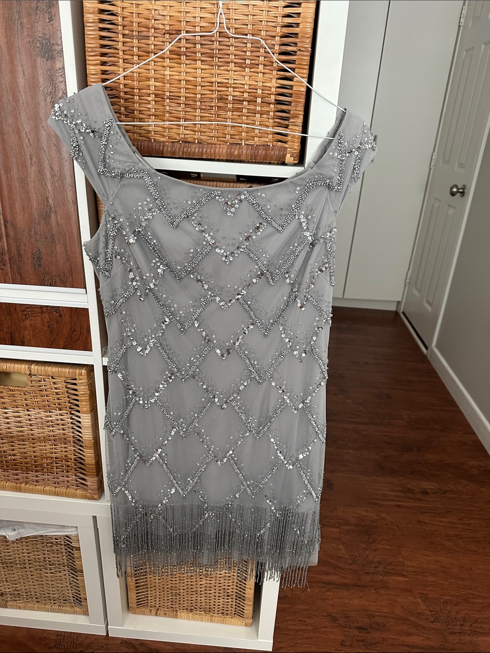 Adrianna Papell Silver-Grey Embellished Midi Dress